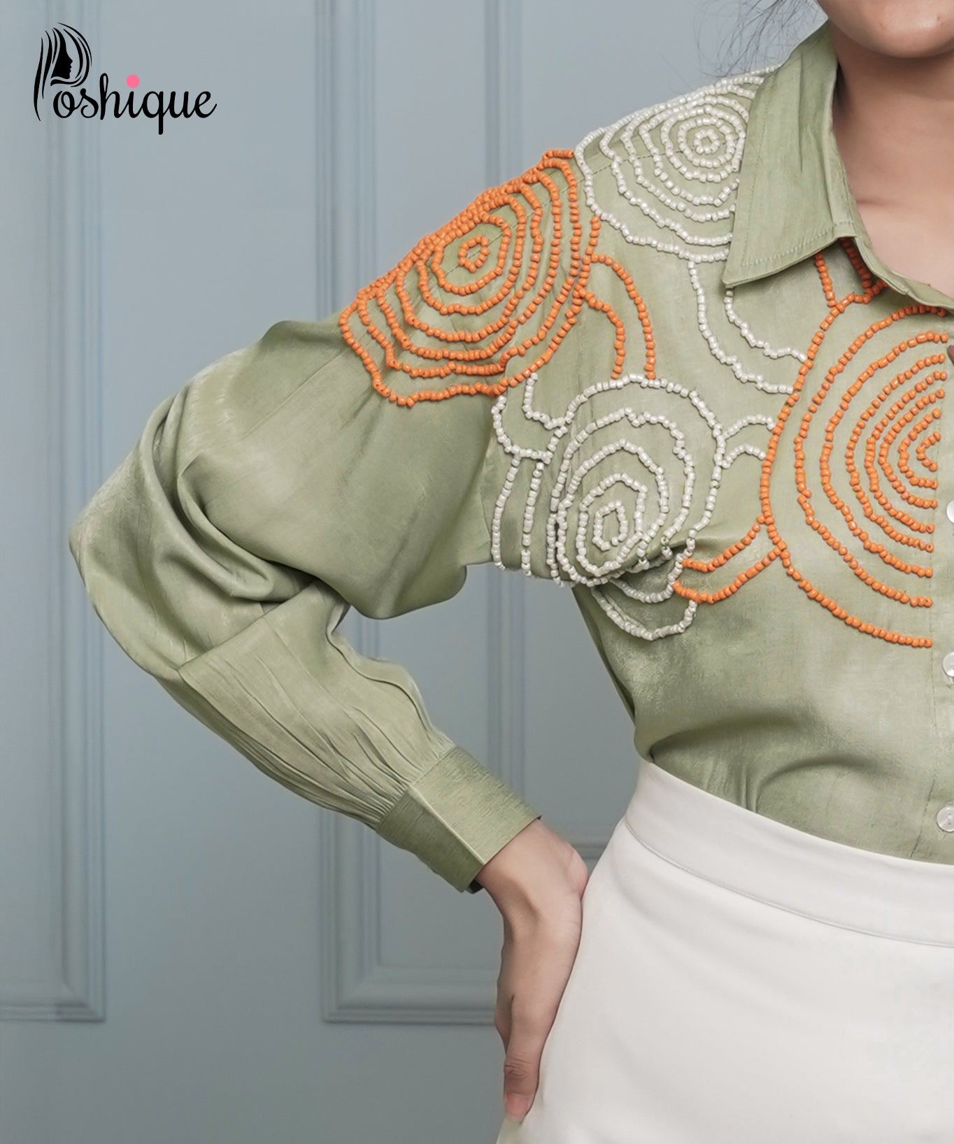 Poshique Pastel Green Embroidered Beaded Shirt